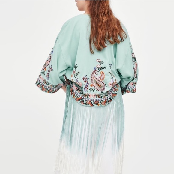 Zara Light Green Embroidered Fringe Kimono - Picture 6 of 14